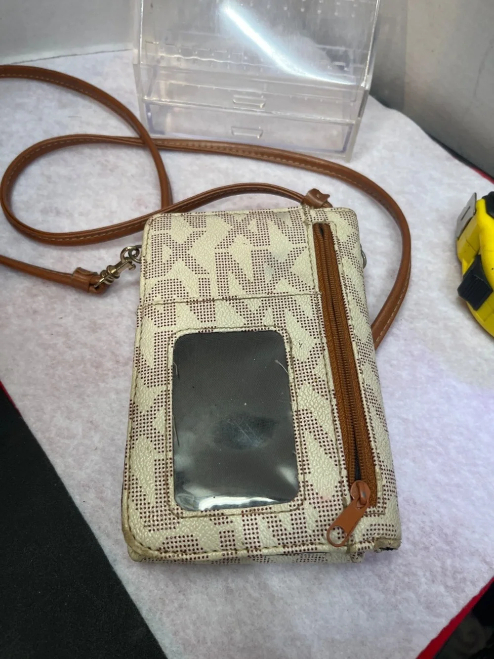 NX Signature Monogram Studded Crossbody wallet Cream Beige Gold Tone mini Purse